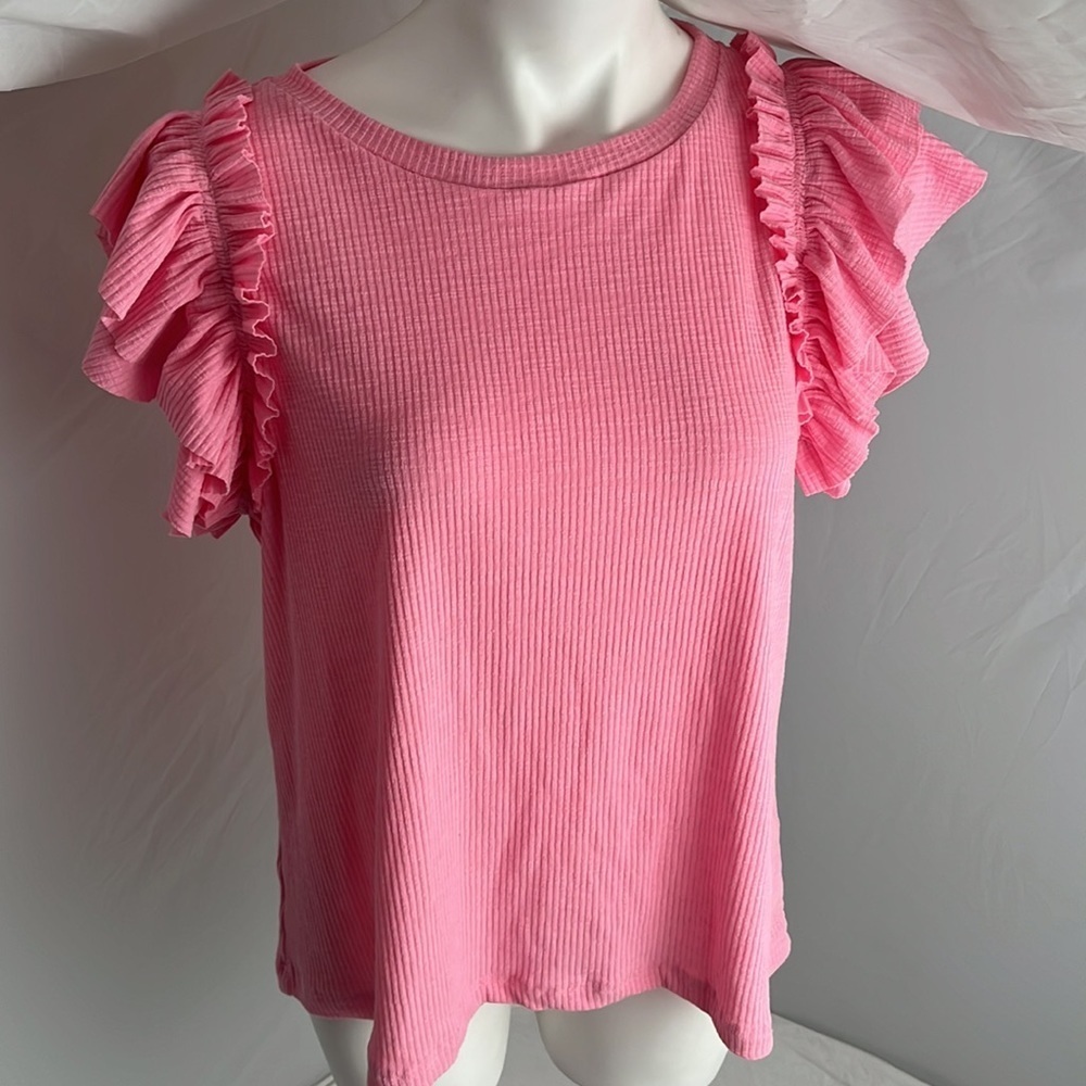 THML pink ribbed ruffle sleeve top